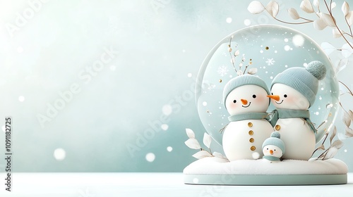 Snow globe with cheerful snowman family, falling snow on white background, watercolor style