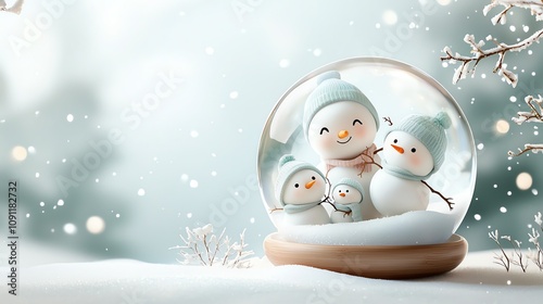 Snow globe with cheerful snowman family, falling snow on white background, watercolor style