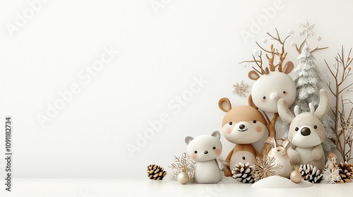 Snow globe of peaceful Christmas forest, animals around a tree, white backdrop, watercolor style