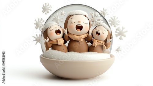 Snow globe with choir singing carols, joyful winter scene, white background, watercolor style