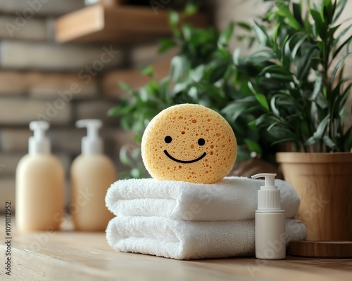 Spa essentials like a smiley face sponge, soothing lotion bottles, and soft towels, arranged to represent relaxation, selfcare, and pampering photo