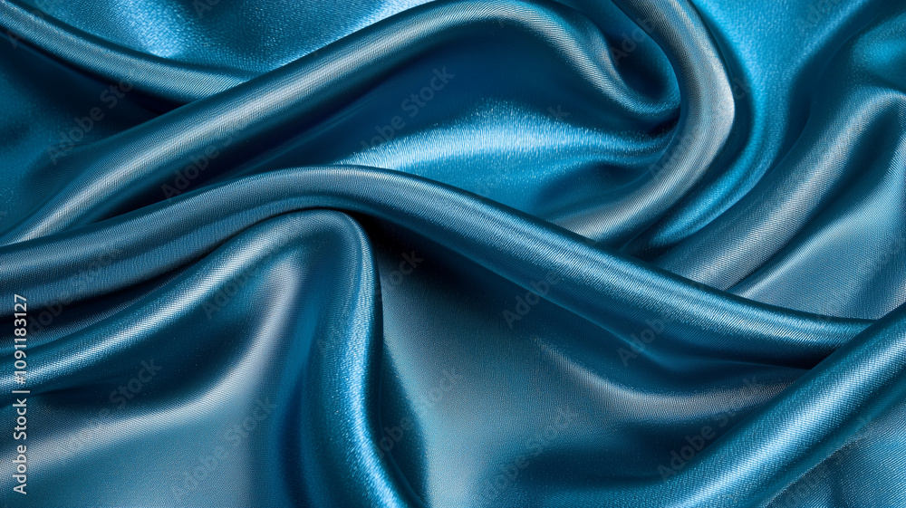 Naklejka premium Luxurious blue silk fabric with smooth, flowing texture, creating elegant and sophisticated appearance. shiny surface reflects light beautifully, enhancing its rich color