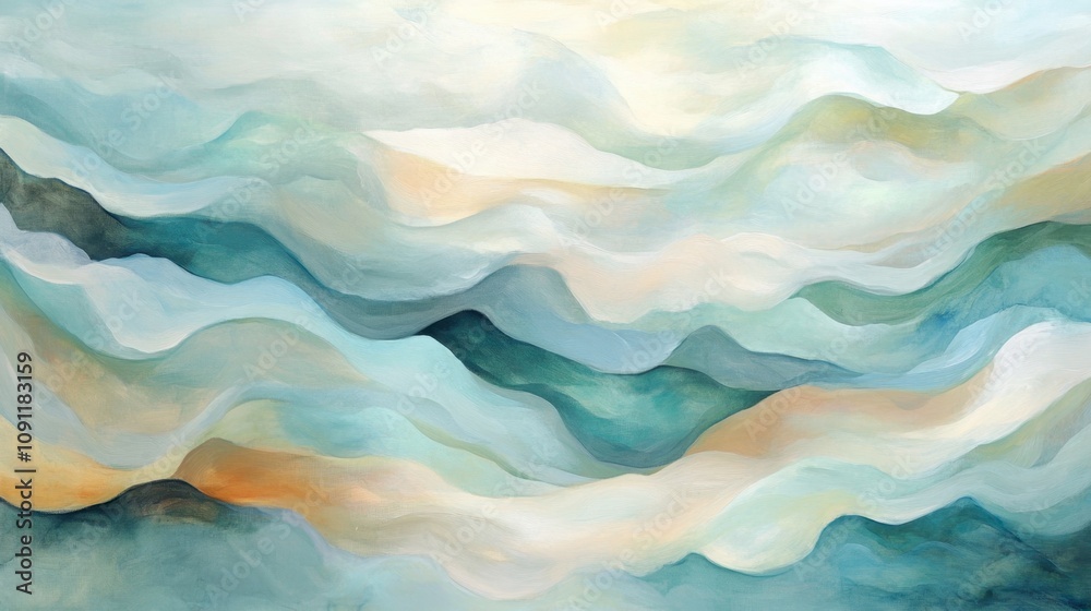 Fototapeta premium Calm Abstract Ocean Waves with Soft Blue and Green Tones, Fluid Brush Strokes and Gentle Variations in Color Creating a Serene and Tranquil Atmosphere