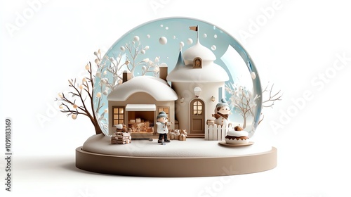 Snow globe with cozy bakery, festive lights, white background, winter charm, watercolor style
