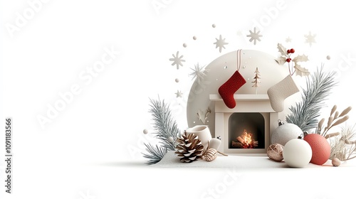 Snow globe with holiday fireplace, stockings hanging, warm glow, white background, watercolor style