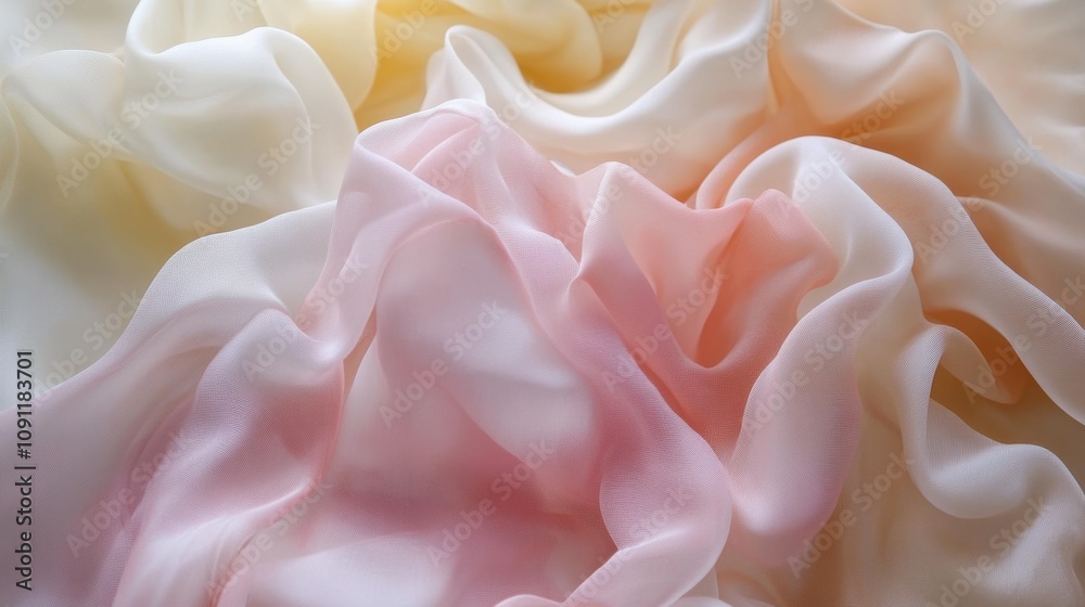 Obraz premium Soft and Delicate Textures of Draped Fabric in Subtle Shades of Cream, Pink, and Peach Ideal for Backgrounds, Fashion, and Elegant Design Projects