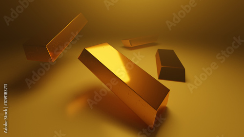 Gold Bars falling on a matte surface into an empty dark room filled with dense smoke illuminated by yellow spotlights. Big win, Rich lifestyle, Bank vault, Luxury Concept. 3D Render Illustration