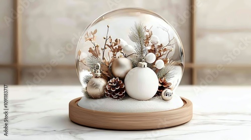 Snow globe with holiday wreath and ornaments, isolated on white, watercolor style