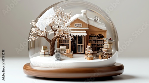 Snow globe with quaint bookshop, holiday decor, white background, nostalgic feel, watercolor style