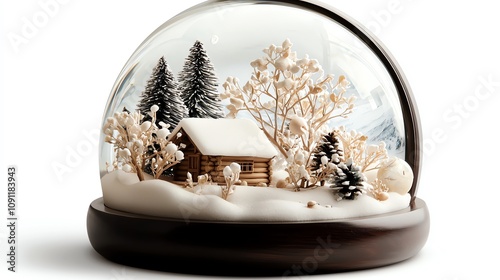 Snow globe with snowy cabin and pine trees, isolated on white background, watercolor style