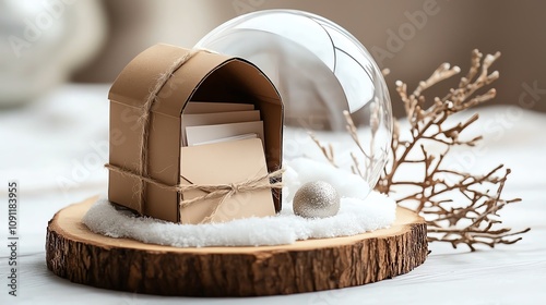 Snow globe with snowy mailbox, letters to Santa, white backdrop, watercolor style