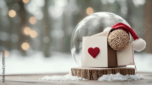 Snow globe with snowy mailbox, letters to Santa, white backdrop, watercolor style