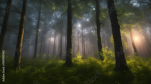 Wallpaper Mural Misty Forest: Sunbeams Through Trees Torontodigital.ca