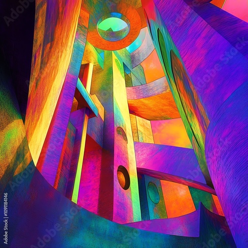 Design an architectural masterpiece inspired by Metabolism principles, viewed from a mesmerizing low-angle, enhanced with vibrant, psychedelic colors