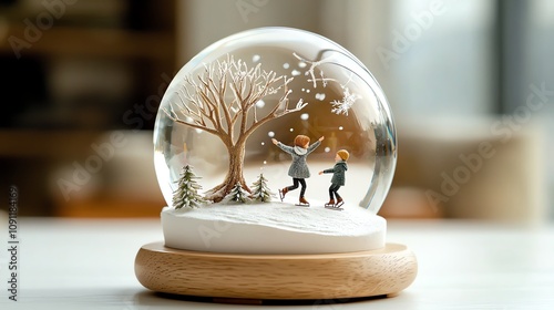 Tiny snow globe with children ice skating, isolated on white, winter magic, watercolor style