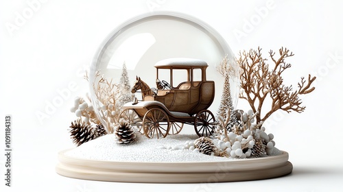 Victorian Christmas snow globe, horsedrawn carriage, white background, peaceful snow, watercolor style
