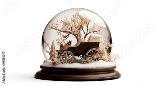Victorian Christmas snow globe, horsedrawn carriage, white background, peaceful snow, watercolor style