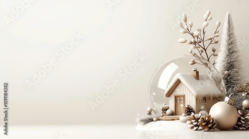 Winter cabin snow globe, snowy pine trees, white background, cozy ambiance, watercolor style