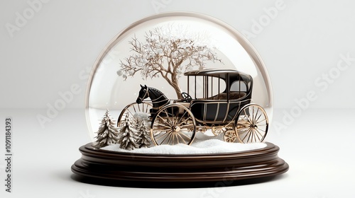 Victorian Christmas snow globe, horsedrawn carriage, white background, peaceful snow, watercolor style