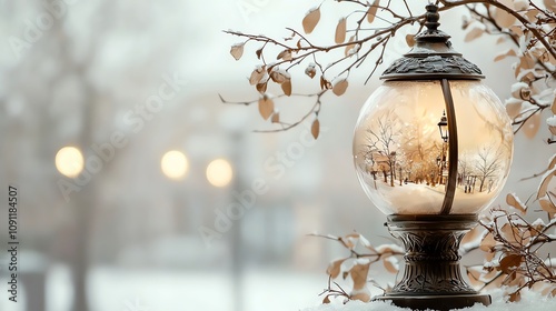Winter snow globe, Victorianstyle street lamp, isolated on white, nostalgic feel, watercolor style