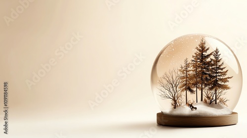 Winter wonderland snow globe, snowcovered trees, isolated on white, peaceful vibe, watercolor style