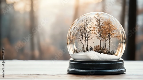 Winter wonderland snow globe, snowcovered trees, isolated on white, peaceful vibe, watercolor style