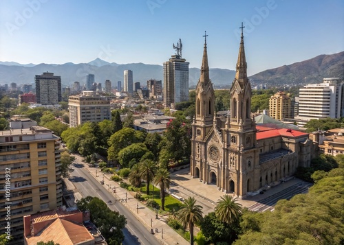 Aerial View of the Stunning Church of San Vicente de Ferrer de Los Dominicos Surrounded by the Lush Urban Landscape of Santiago de Chile, Showcasing the Vibrant City Below photo