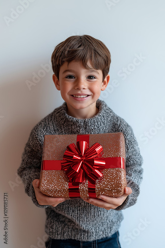 a young kid with short brown hair, wearing a cozy sweater, holding a large wrapped Christmas gift