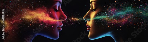 Two faces connect through a mystical cosmic energy, symbolizing unity, consciousness, and emotional connection in a vibrant universe.