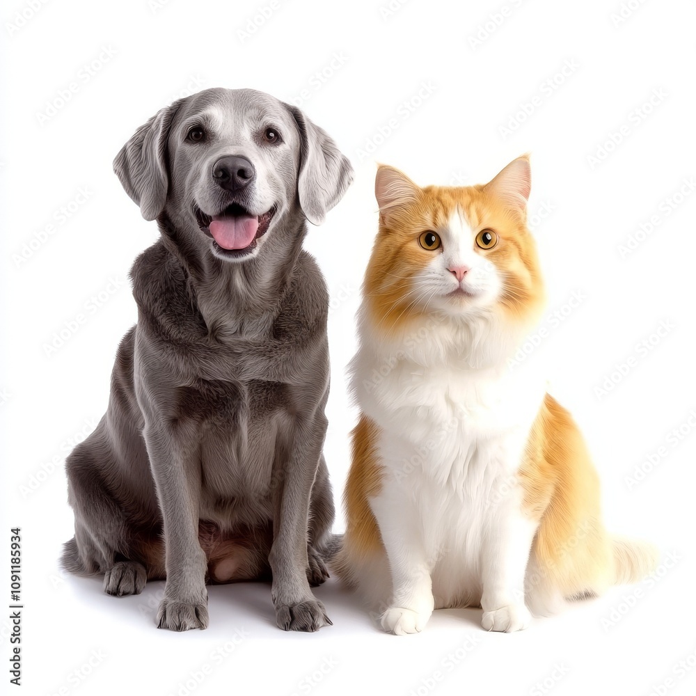 Fototapeta premium On a transparent background, a happy dog and cat are isolated