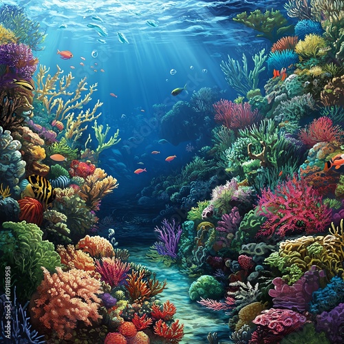 Illustrate an eye-level scene of a diverse ocean ecosystem teeming with colorful coral reefs and a variety of marine life Show harmony and abundance photo