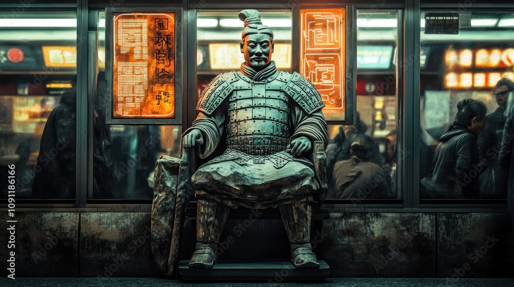 A statue of a seated warrior in a vibrant urban setting. A statue of a seated warrior in a vibrant urban setting.
