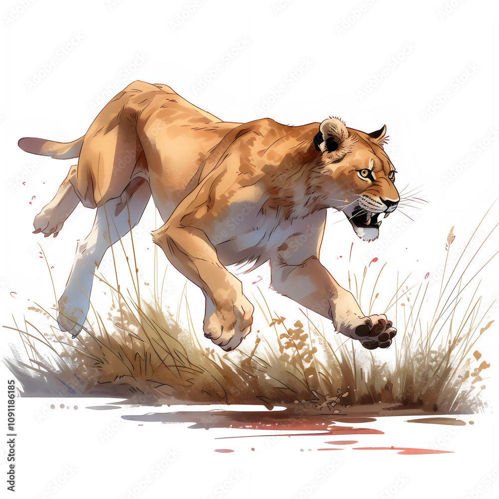 Illustration of a lioness running on savannah, lioness image isolated on a white background ...