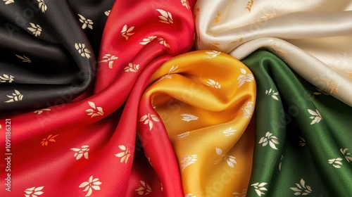 Colorful silk fabric display artisan market textile showcase vibrant environment close-up view craftsmanship concept