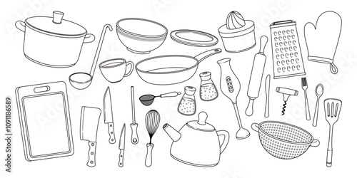 Kitchenware, seasoning containers, electric appliance for cooking black-and-white isolated set
