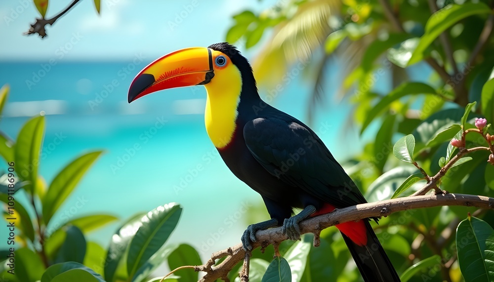 Obraz premium A Toco Toucan is sitting on tree with background of beach