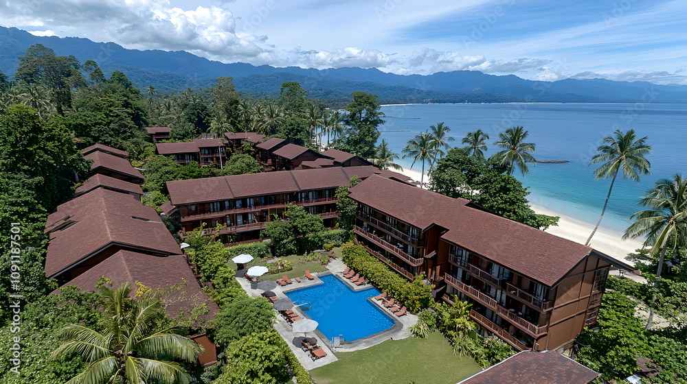Fototapeta premium Tranquil Resort Paradise Featuring Lush Greenery, Sparkling Pool, and Pristine Beach with Majestic Mountains in the Background at a Stunning Location