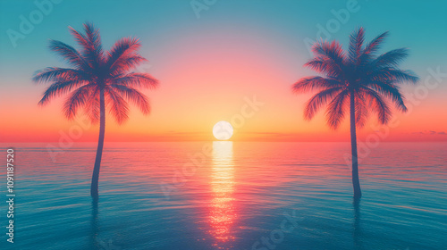 Serene Sunset Over Ocean with Palm Trees Silhouetted Against Vibrant Colors, Evoking Peace and Tranquility in a Tropical Paradise Environment