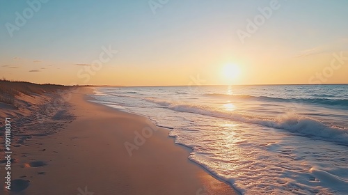 Scenic Beach Sunset with Glistening Water and Soft Sand on a Tranquil Coastline : Generative AI photo