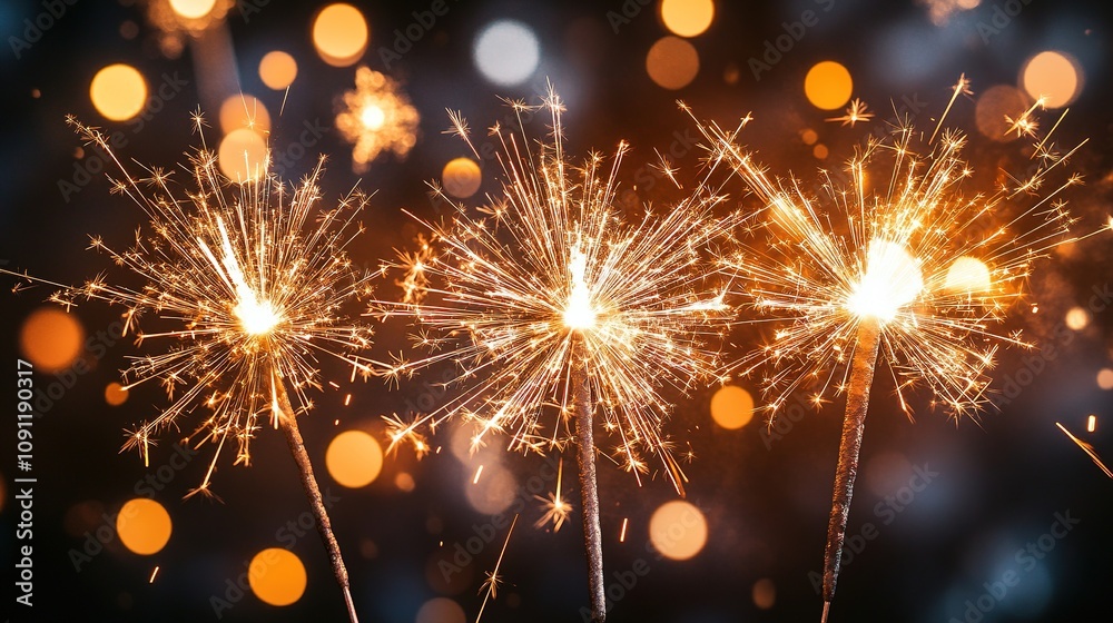 Fototapeta premium Three sparkling sparklers glow brightly in dark
