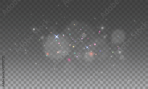 Christmas dust glowing bokeh confetti light and glitter texture overlay for your design. Festive sparkling gold dust png. Holiday powder dust for cards, invitations, banners.	