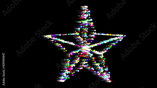 Beautiful illustration of star shape with colorful bokeh particles on plain black background