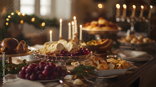 Table set for a Hanukkah and Christmas feast, glowing candles and traditional foods photo