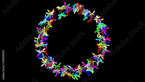 Beautiful illustration of colorful dragonflies circle on plain black background