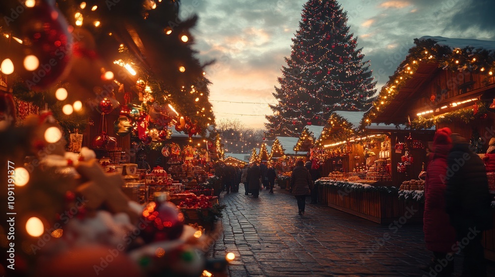 Fototapeta premium A bustling Christmas market at dusk, with twinkling lights, festive decorations and a giant Christmas tree in the background.