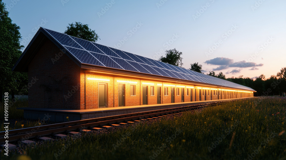 Obraz premium solar powered train station with modern design and warm lighting