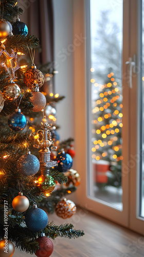 Menorah and Christmas tree side by side, glowing lights and festive ornaments photo