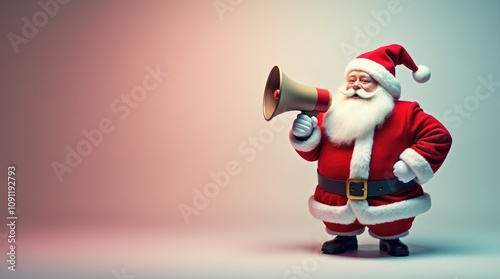 Santa Claus Makes an Announcement: Holding a Megaphone Against a Gradient Background, Promoting Festive Discounts, Deals, and Opportunities for Christmas Shoppers.

 photo