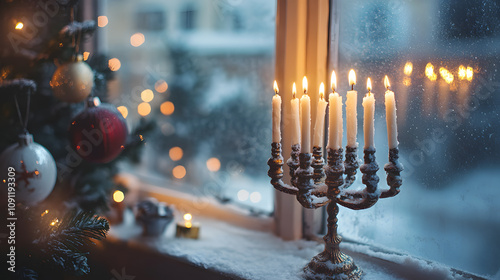 Menorah next to a snowy window with Christmas decorations, cozy holiday vibe photo