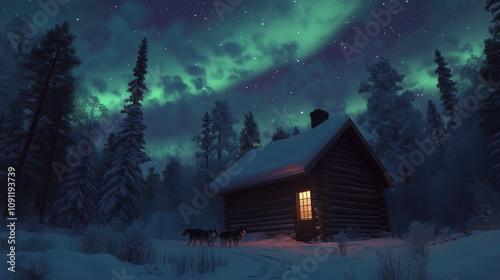 Lapland Winter Wilderness Adventure, a stunning night in the middle of a snowy forest with green and purple aurora borealis lighting up the sky, Ai generated images photo